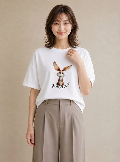Tシャツ レディース ロップイヤー ペット 動物 イラスト アート風 ビーチ デイリーウェア 白T YMAZO