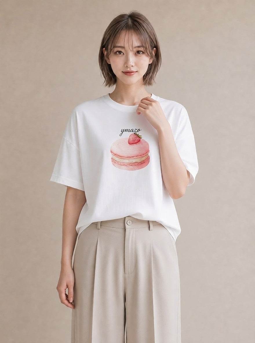 Tシャツ レディース プリン 食べ物 フード イラスト 韓国風 カフェ服 クリスマス 白T YMAZO