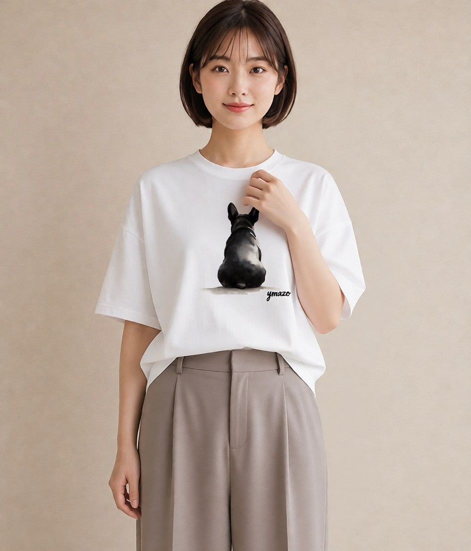 半袖Tシャツ レディース フレンチブルドッグ フレブル 犬 いぬ イラスト 可愛い 誕生日プレゼント 綿100 白T YMAZO