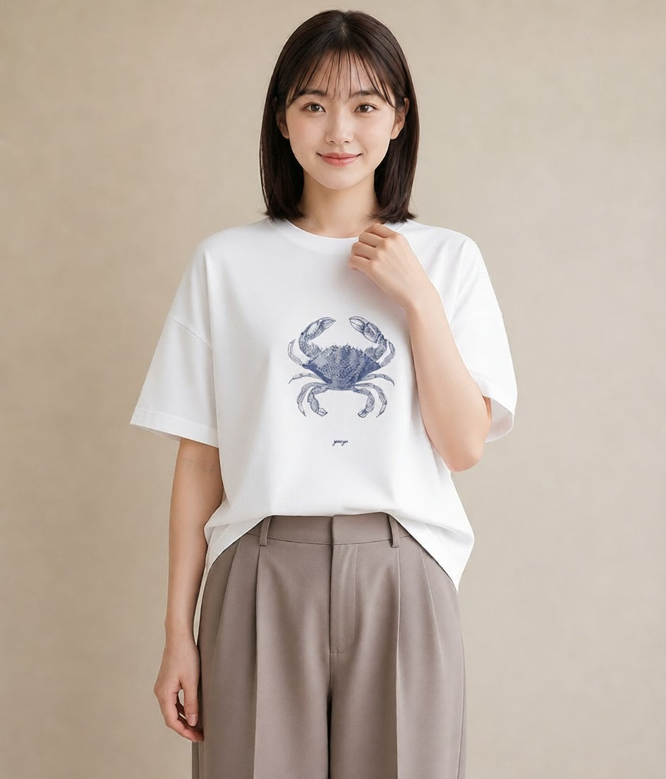 プリントTシャツ レディース カニ 海の生き物 海 イラスト こなれ感 姉妹 送別ギフト 白T YMAZO