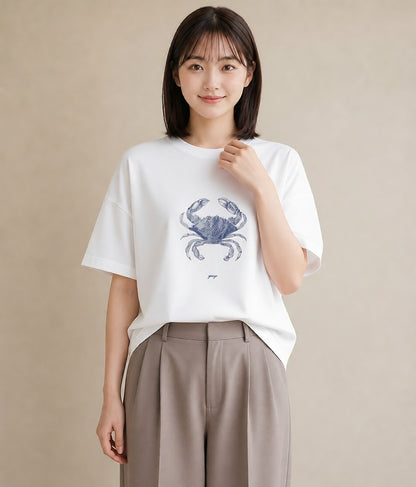 プリントTシャツ レディース カニ 海の生き物 海 イラスト こなれ感 姉妹 送別ギフト 白T YMAZO