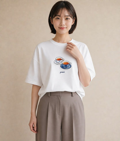 Tシャツ レディース 紅茶 食べ物 フード イラスト 北欧風 自分用 ルームウェア 白T YMAZO