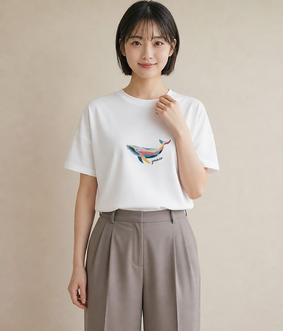 半袖Tシャツ レディース クジラ 海の生き物 海 イラスト 水彩風 休日 ペアコーデ 白T YMAZO