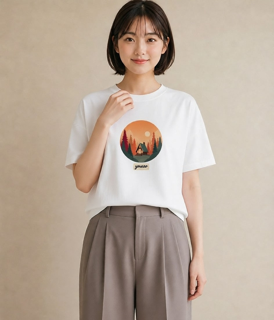 Tシャツ レディース 湖畔の小屋 湖 小屋 ナチュラル アンティーク イラスト ユニーク 旅行 母娘コーデ 白T YMAZO