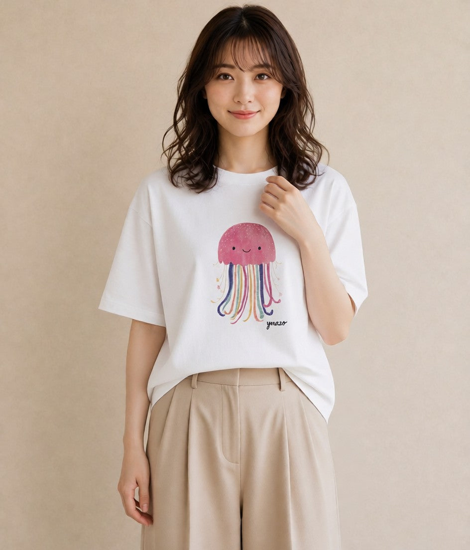 デザインTシャツ レディース くらげ クラゲ 海の生き物 海 イラスト 普段使い ミセス 春コーデ 白T YMAZO