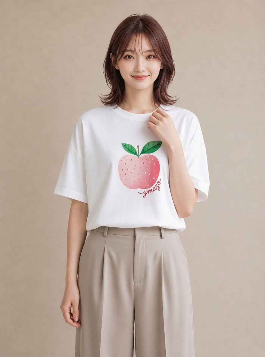 プリントTシャツ レディース もも 食べ物 フード イラスト フェミニン ラフ レイヤード 白T YMAZO