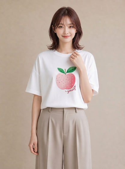 プリントTシャツ レディース もも 食べ物 フード イラスト フェミニン ラフ レイヤード 白T YMAZO