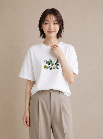 プリントTシャツ レディース ボタニカル 植物 イラスト 水彩風 休日 ペアコーデ 白T YMAZO