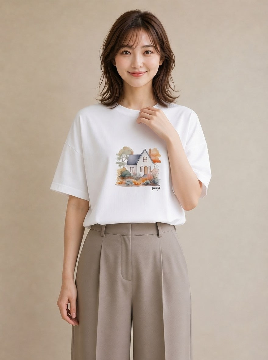 Tシャツ レディース 湖畔の小屋 湖 小屋 ナチュラル アンティーク イラスト アート風 公園 ママ 白T YMAZO