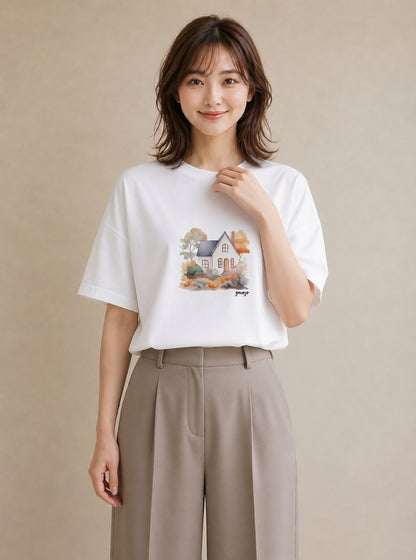 Tシャツ レディース 湖畔の小屋 湖 小屋 ナチュラル アンティーク イラスト アート風 公園 ママ 白T YMAZO