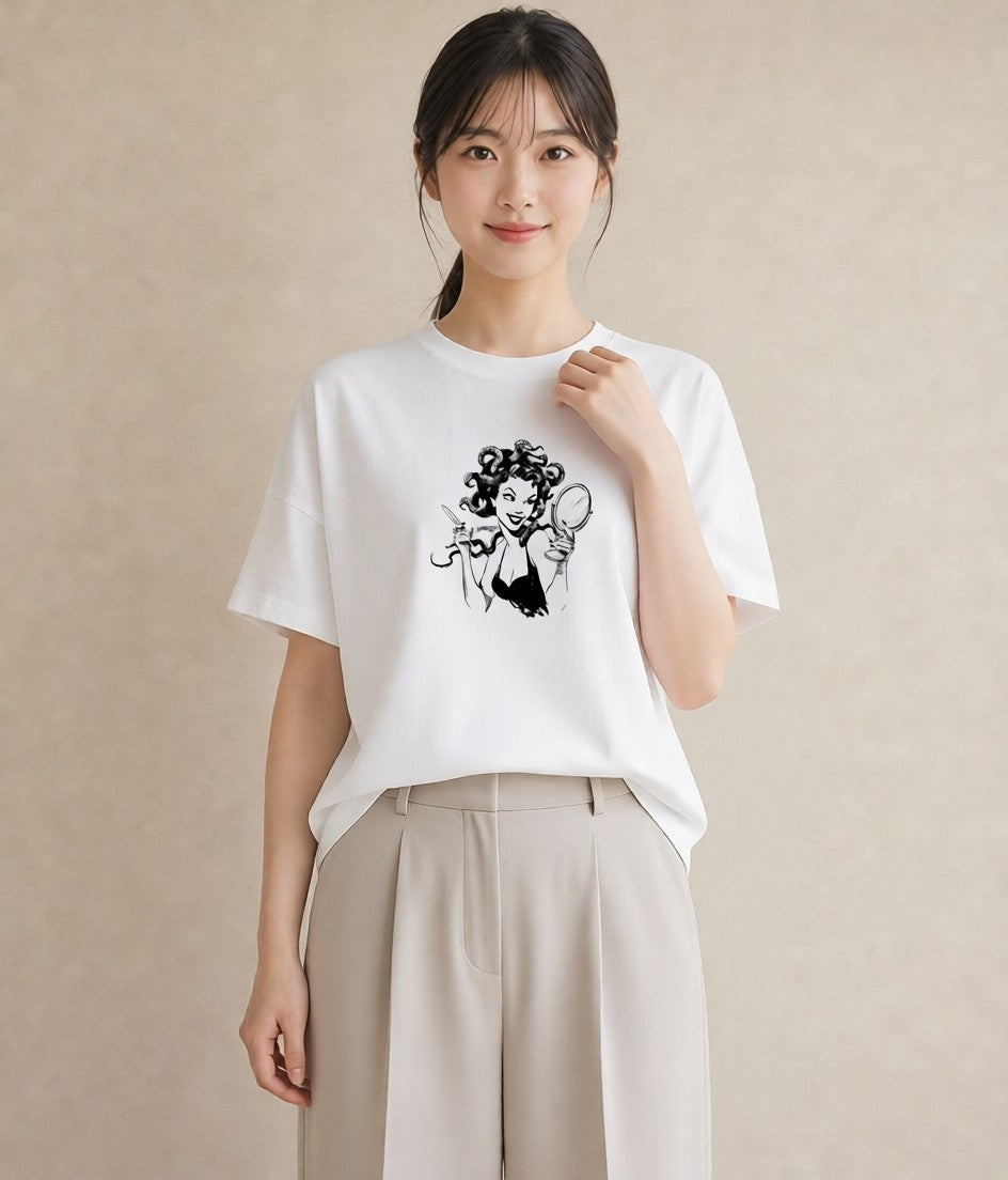 Tシャツ レディース 手鏡 アンティーク レトロ ナチュラル イラスト 北欧風 帰省 ラフ 白T YMAZO