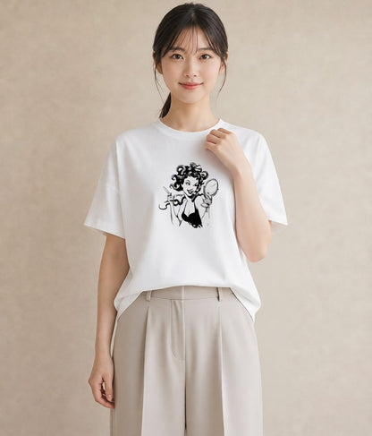 Tシャツ レディース 手鏡 アンティーク レトロ ナチュラル イラスト 北欧風 帰省 ラフ 白T YMAZO