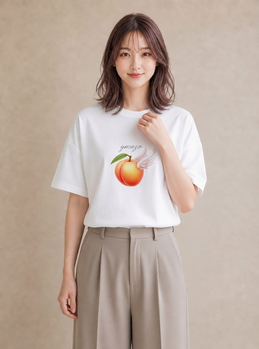 半袖Tシャツ レディース もも 食べ物 フード イラスト 旅行コーデ 休日 ペアコーデ 白T YMAZO