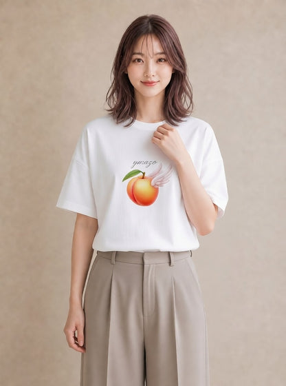 半袖Tシャツ レディース もも 食べ物 フード イラスト 旅行コーデ 休日 ペアコーデ 白T YMAZO