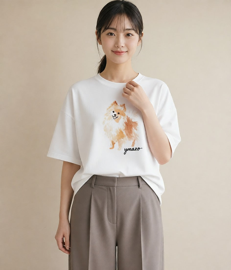 プリントTシャツ レディース ポメラニアン ポメ 犬 いぬ イラスト きれいめ 春服 ミセス 白T YMAZO