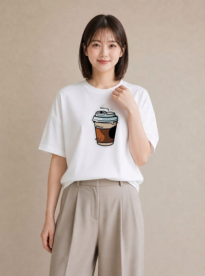Tシャツ レディース コーヒー 珈琲 カフェ 食べ物 フード イラスト 抜け感 デイリーウェア 休日 白T YMAZO