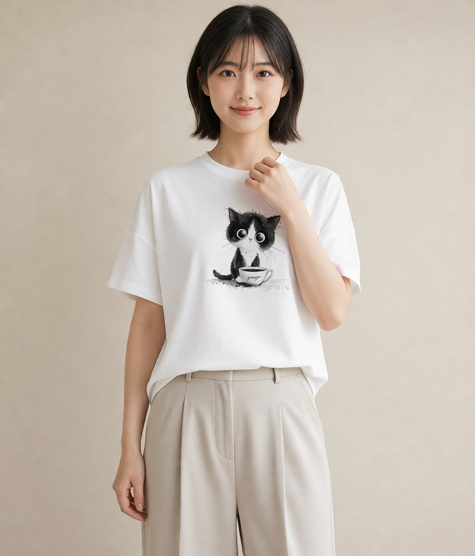 半袖Tシャツ レディース ハチワレ 白黒猫 猫 ねこ イラスト 抜け感 週末コーデ 敬老の日 白T YMAZO