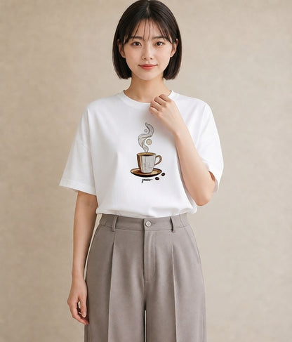 半袖Tシャツ レディース カフェラテ 食べ物 フード イラスト フェミニン ホワイトデー 春服 白T YMAZO