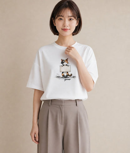 プリントTシャツ レディース 靴下猫 猫 ねこ イラスト きれいめ ホワイトデー 春服 白T YMAZO