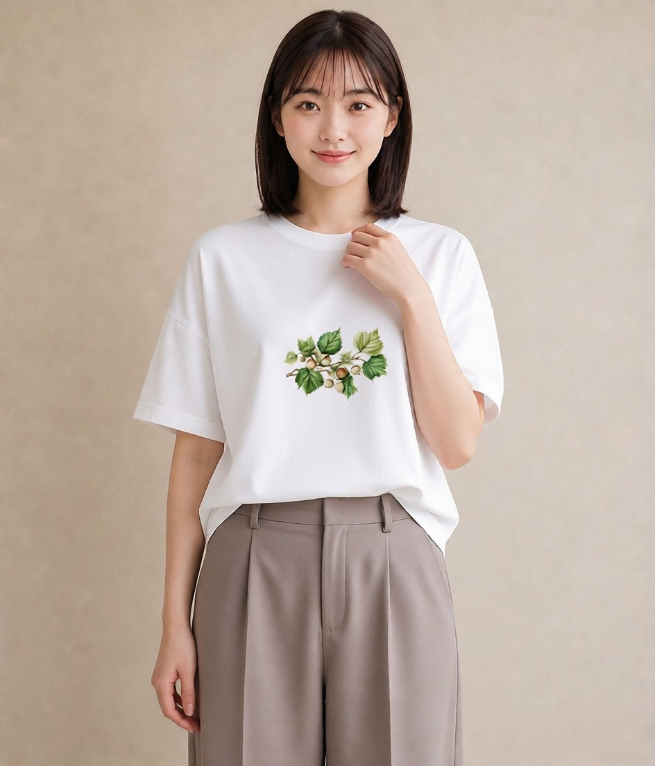 プリントTシャツ レディース どんぐり 植物 ボタニカル イラスト 旅行コーデ 姉妹 送別ギフト 白T YMAZO