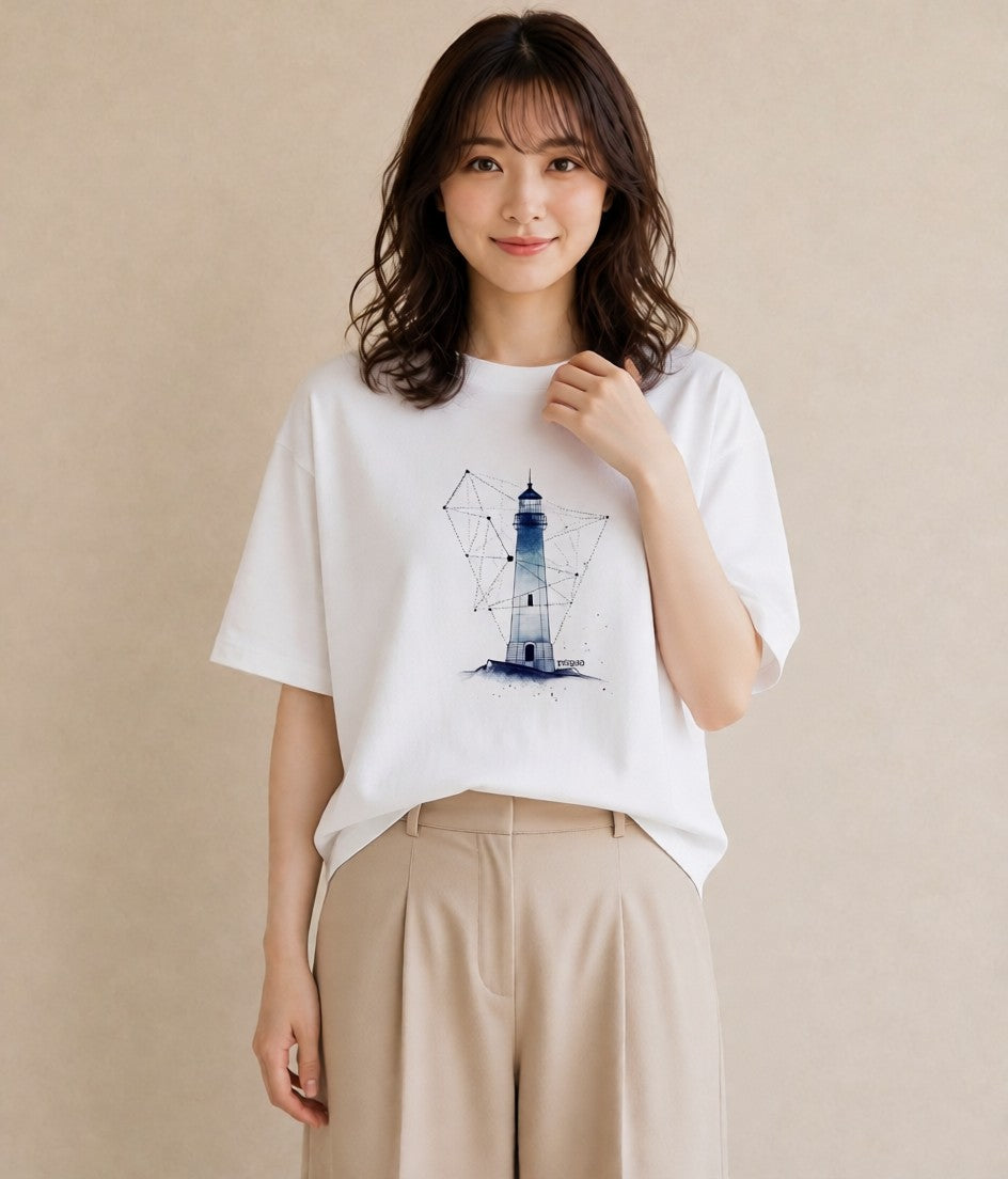 Tシャツ レディース 灯台 霧 海 ナチュラル アンティーク イラスト ラフカジュアル カフェ巡り 女子会 白T YMAZO