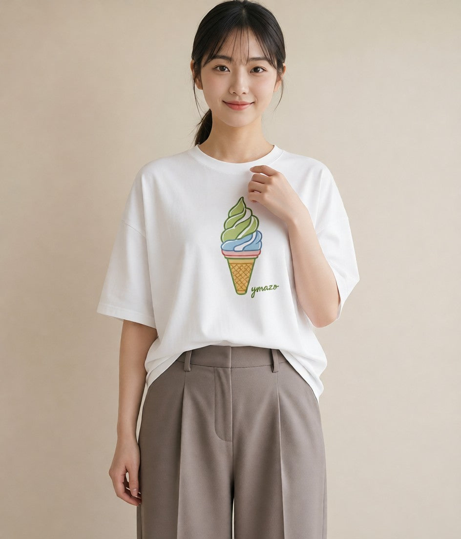 プリントTシャツ レディース アイス 食べ物 フード イラスト フェミニン 買い物 夏コーデ 白T YMAZO
