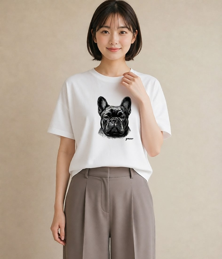 プリントTシャツ レディース フレンチブルドッグ フレブル 犬 いぬ イラスト フェミニン カフェ服 クリスマス 白T YMAZO