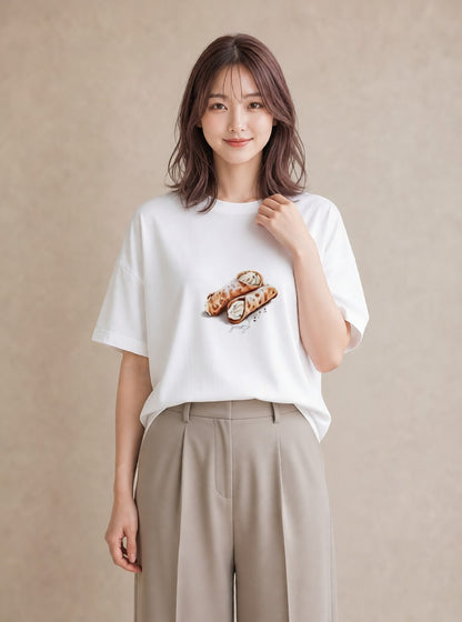 半袖Tシャツ レディース クロワッサン 食べ物 フード イラスト シック 週末コーデ 敬老の日 白T YMAZO