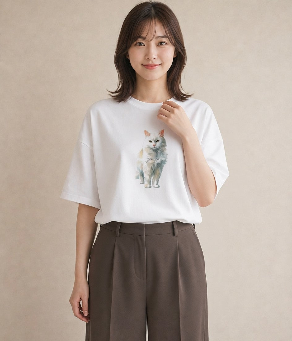 半袖Tシャツ レディース アメリカンショートヘア 猫 ねこ イラスト きれいめ おしゃれギフト 社会人 白T YMAZO