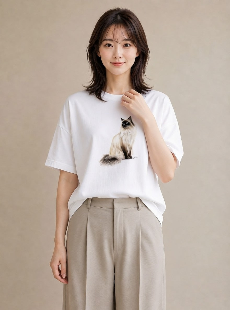 グラフィックTシャツ レディース 猫好き 猫 ねこ イラスト カフェ巡り 女子会 白T YMAZO
