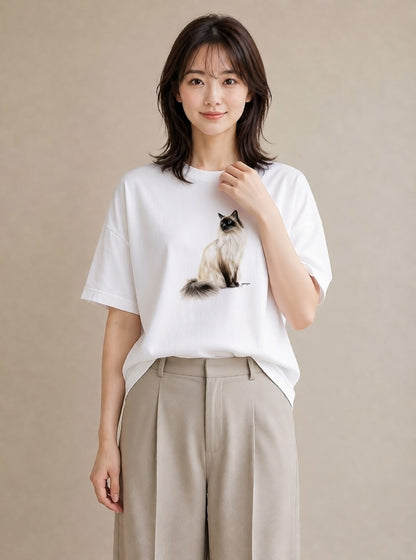 グラフィックTシャツ レディース 猫好き 猫 ねこ イラスト カフェ巡り 女子会 白T YMAZO