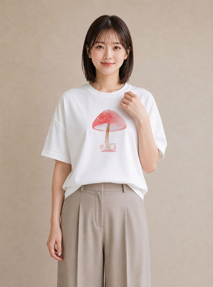 プリントTシャツ レディース きのこ 植物 ボタニカル イラスト ユニーク 母の日 ビーチ 白T YMAZO