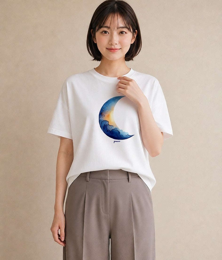 デザインTシャツ レディース 満月 星空 宇宙 イラスト ポップ 送別ギフト 通勤 白T YMAZO