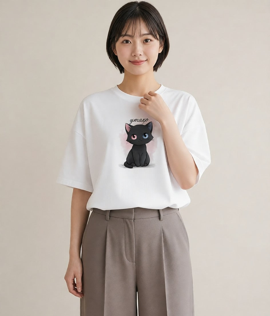プリントTシャツ レディース 黒猫 猫 ねこ イラスト 手描き風 友達ギフト 部屋着 白T YMAZO