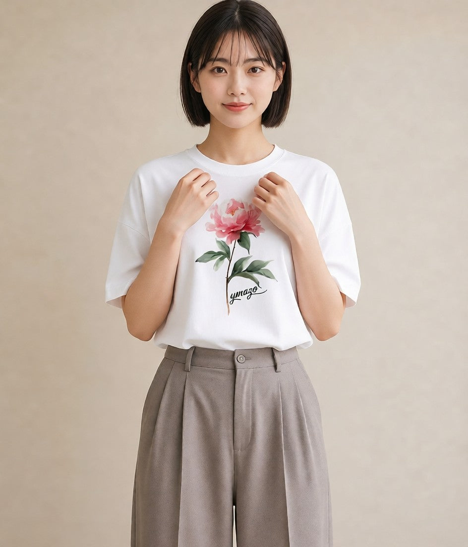 Tシャツ レディース 牡丹 花 花柄 イラスト きれいめカジュアル クリスマス 旅行 白T