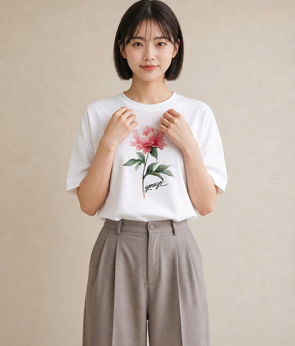 Tシャツ レディース 牡丹 花 花柄 イラスト きれいめカジュアル クリスマス 旅行 白T