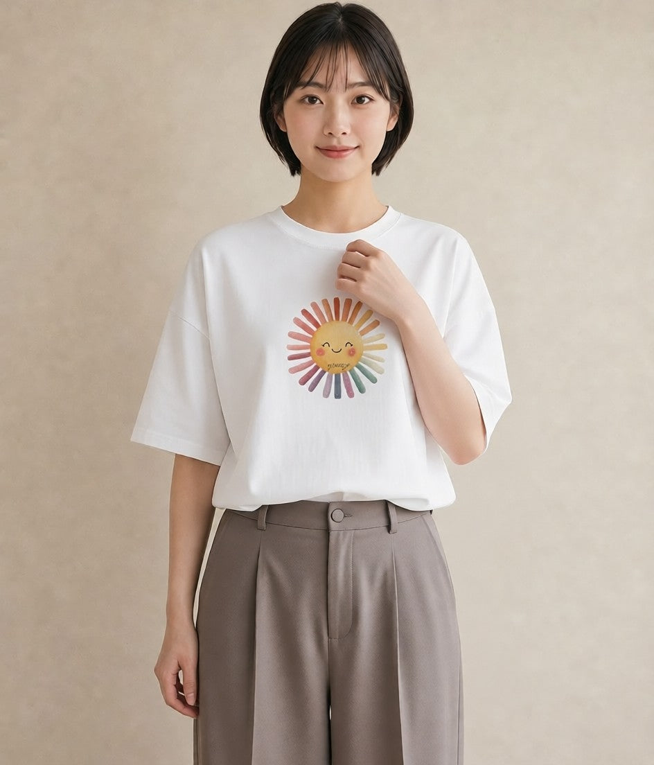 半袖Tシャツ レディース 太陽 星空 宇宙 イラスト 韓国風 カフェ服 クリスマス 白T YMAZO
