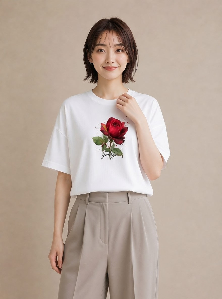 半袖Tシャツ レディース バラ 薔薇 ローズ 花 花柄 イラスト 可愛い レイヤード 友達ギフト 白T