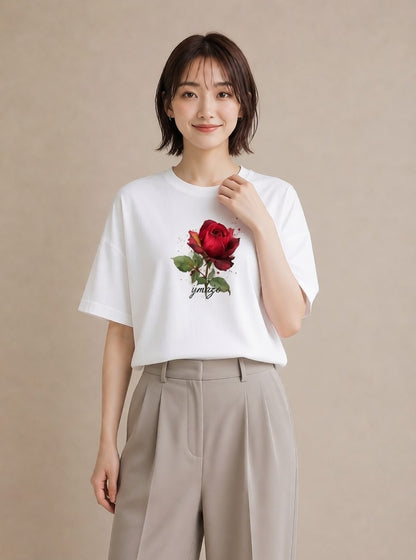 半袖Tシャツ レディース バラ 薔薇 ローズ 花 花柄 イラスト 可愛い レイヤード 友達ギフト 白T