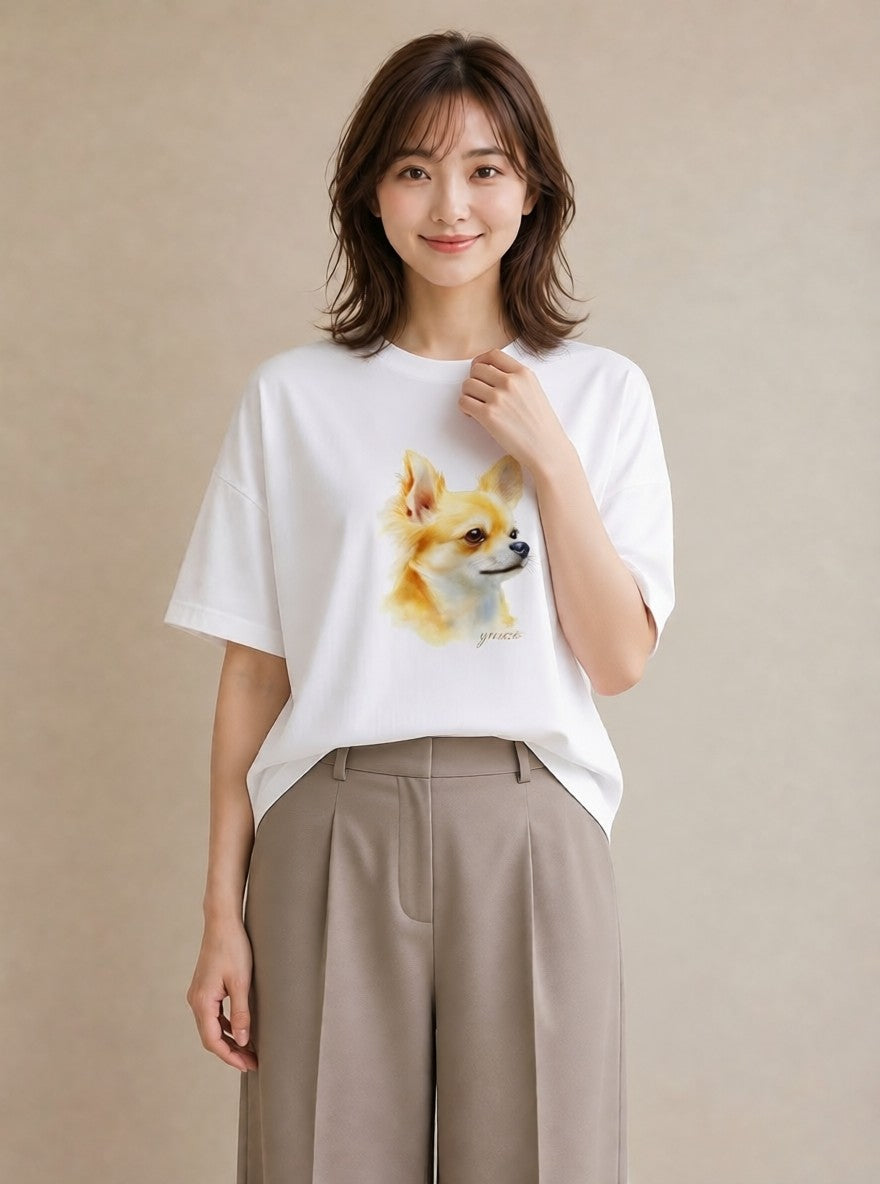 Tシャツ レディース チワワ 犬 いぬ イラスト 手描き風 お出かけ 普段着 白T YMAZO