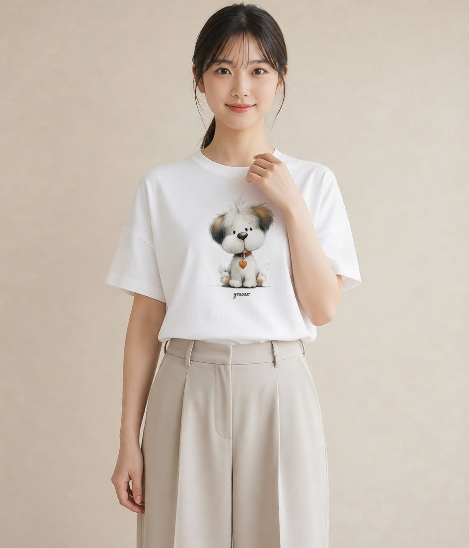 デザインTシャツ レディース わんちゃん 犬 いぬ イラスト 淡色 綿100 デート 白T YMAZO