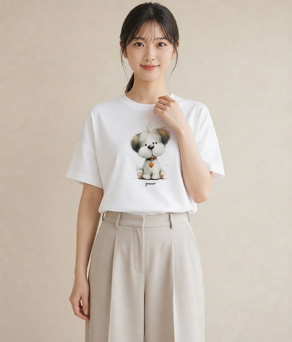 デザインTシャツ レディース わんちゃん 犬 いぬ イラスト 淡色 綿100 デート 白T YMAZO