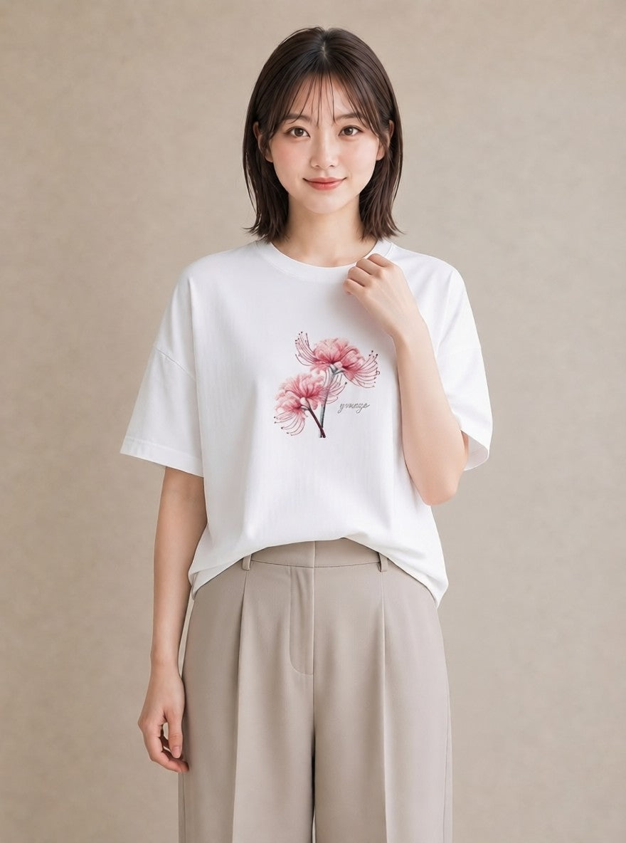 Tシャツ レディース 彼岸花 花 花柄 イラスト 送別ギフト 通勤 白T