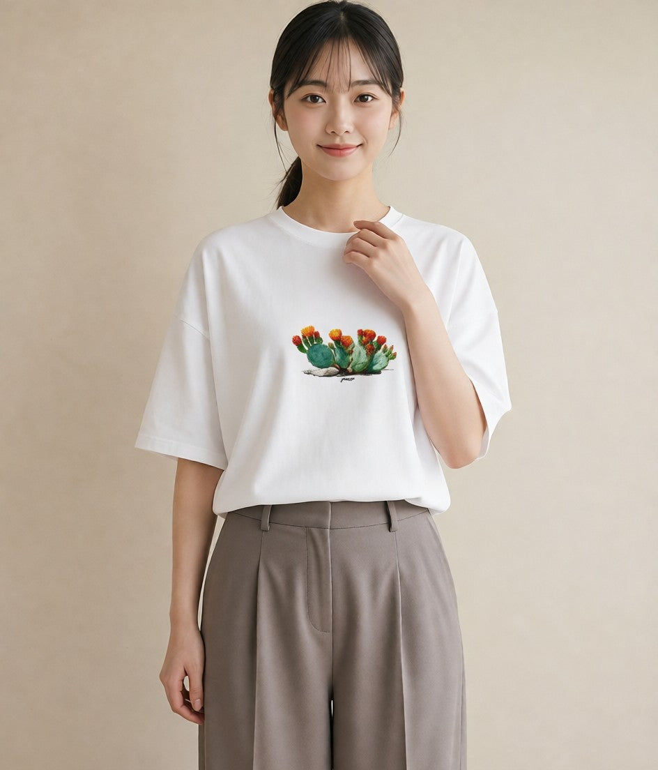 デザインTシャツ レディース サボテン 植物 ボタニカル イラスト ガーリー 夏コーデ 通学 白T YMAZO