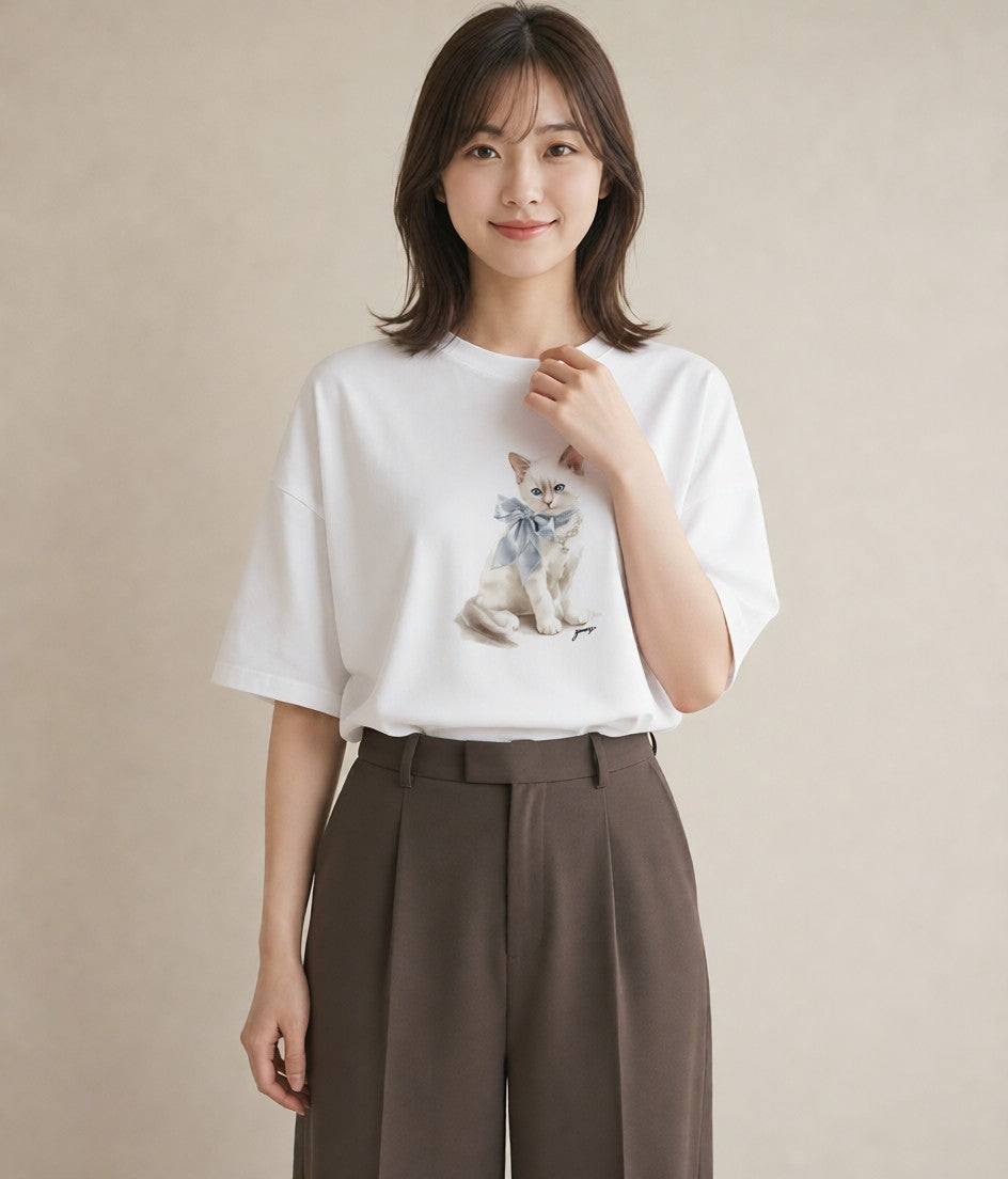 グラフィックTシャツ レディース 愛猫 猫 ねこ イラスト カジュアル 秋コーデ おしゃれギフト 白T YMAZO