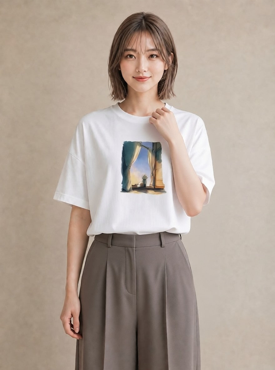 Tシャツ レディース 灯りの家 小屋 夜 ナチュラル アンティーク イラスト ヴィンテージ風 ママ カフェ服 白T YMAZO