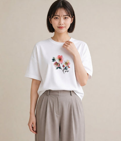 デザインTシャツ レディース 椿 花 花柄 イラスト モード 敬老の日 ホワイトデー 白T YMAZO