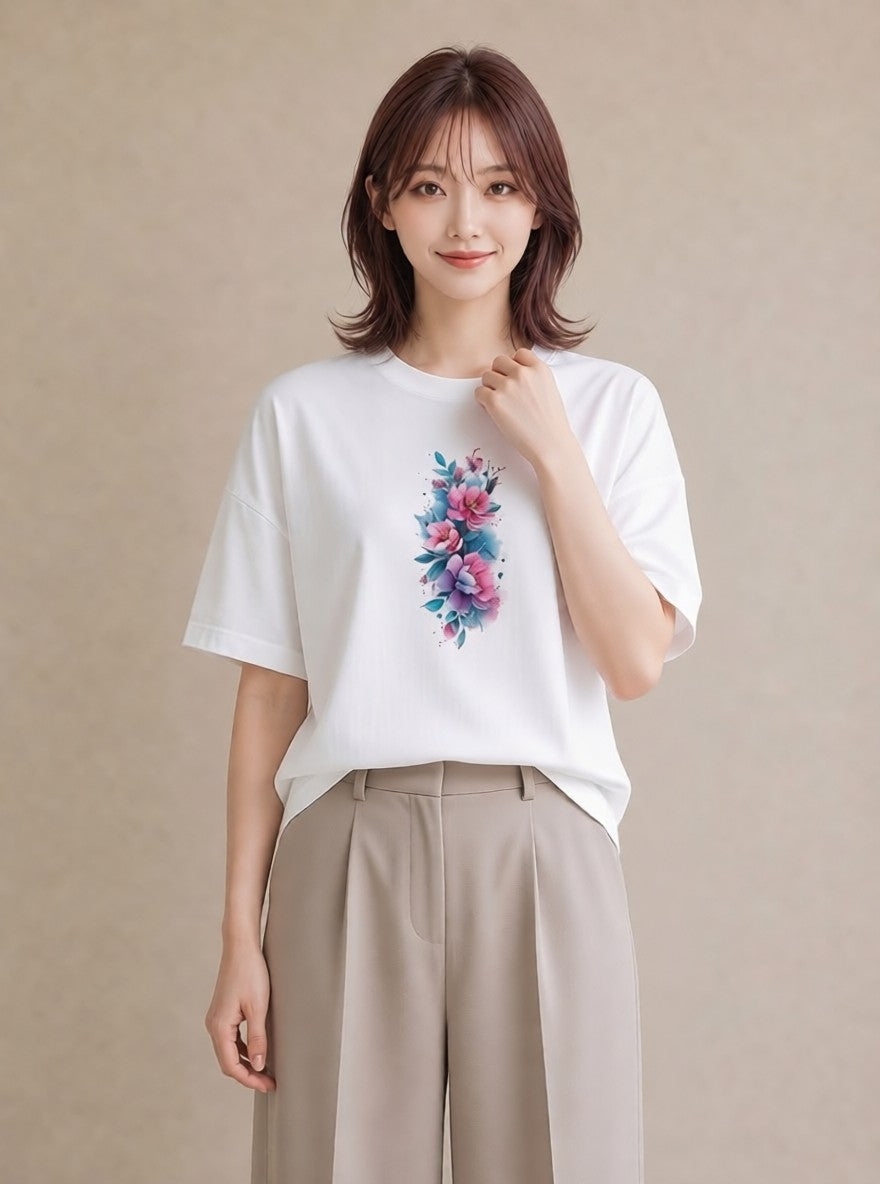 グラフィックTシャツ レディース 牡丹 花 花柄 イラスト ボタニカル 買い物 夏コーデ 白T YMAZO