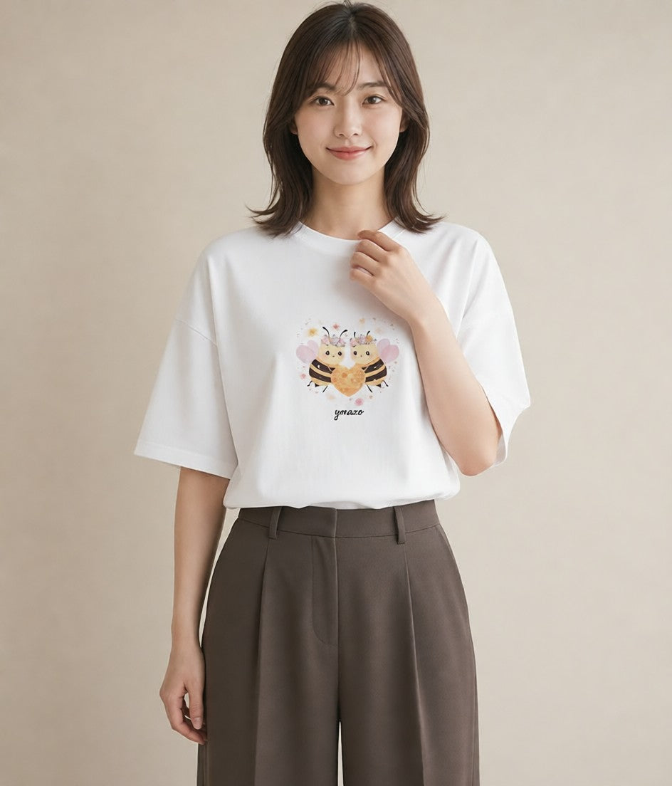 グラフィックTシャツ レディース みつばち 昆虫 虫 イラスト 可愛い 敬老の日 ホワイトデー 白T YMAZO