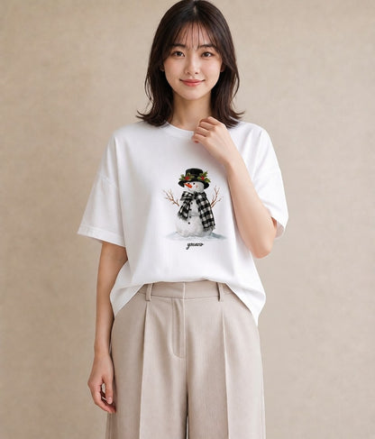 デザインTシャツ レディース 雪 星空 宇宙 イラスト 春服 ミセス 白T YMAZO